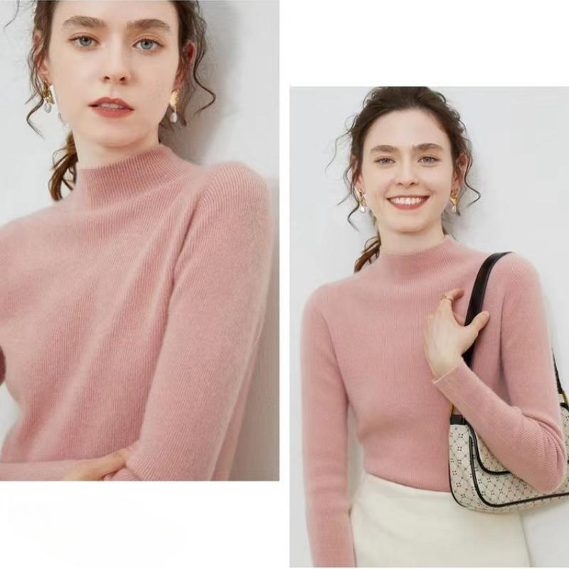 IHUASU Women's Semi-high Neck Wool Sweater Women 100% Pure Wool Slim Cashmere Knitting Bottoming Tight Inner Jumper