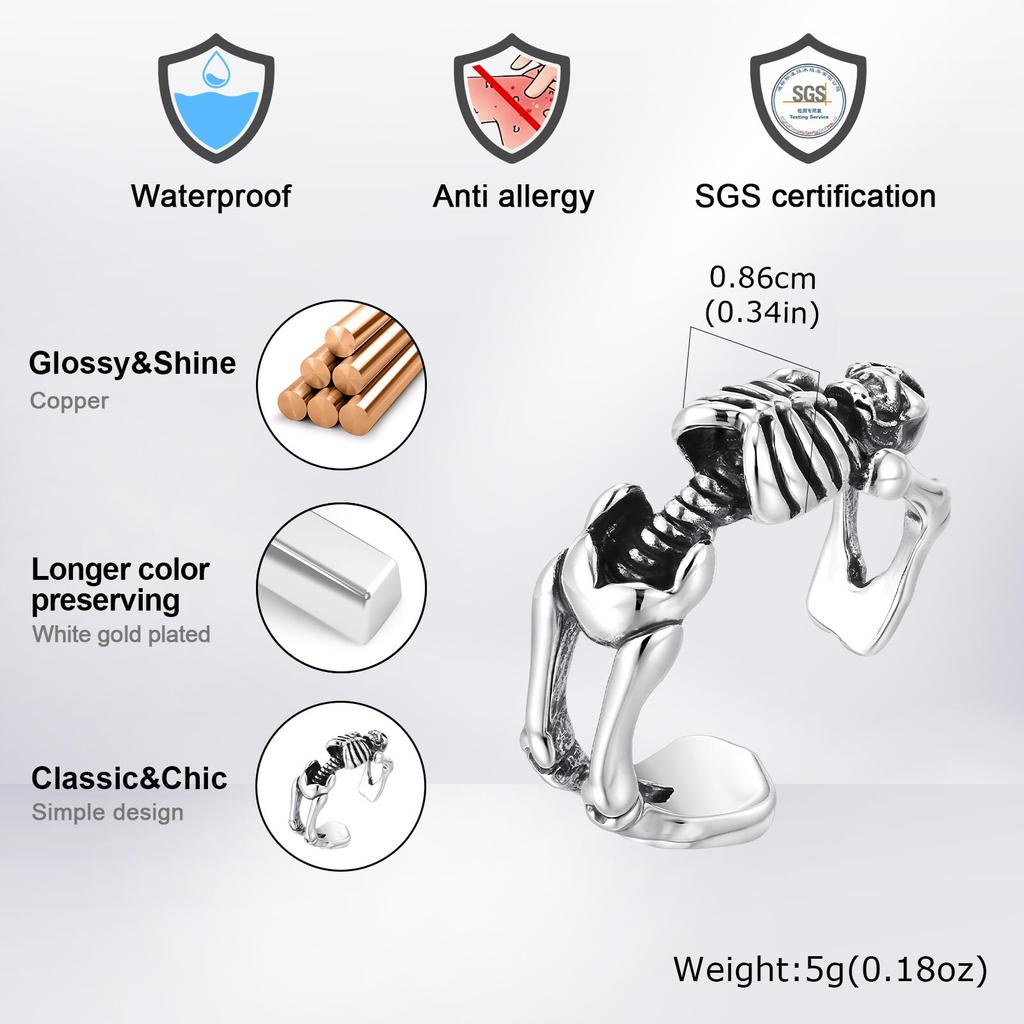 Kreativer Punk-Skelett-Öffnungsring für Männer, Retro Gothic Totenkopf Metallringe, Vintage Hip Hop Finger Schmuck Geschenk für Halloween