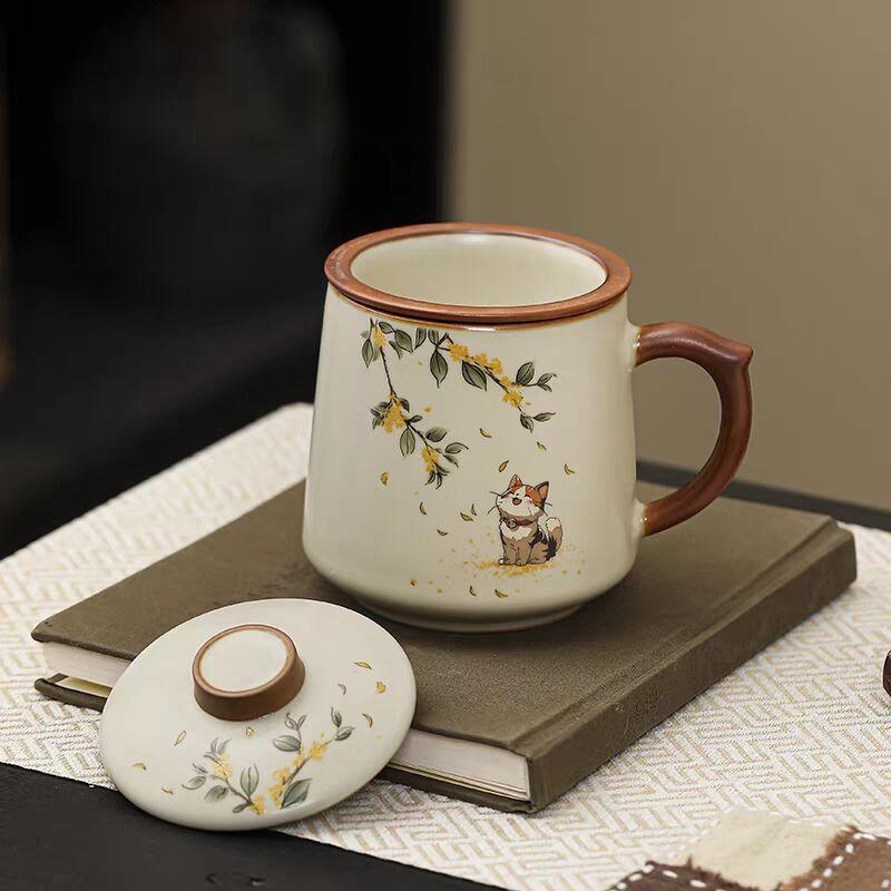 Beige Ru Kiln Teacup Large Capacity Ceramic Tea Separation Cup Museum Merchandise Teacup Team Building Meeting Commemorative Cup