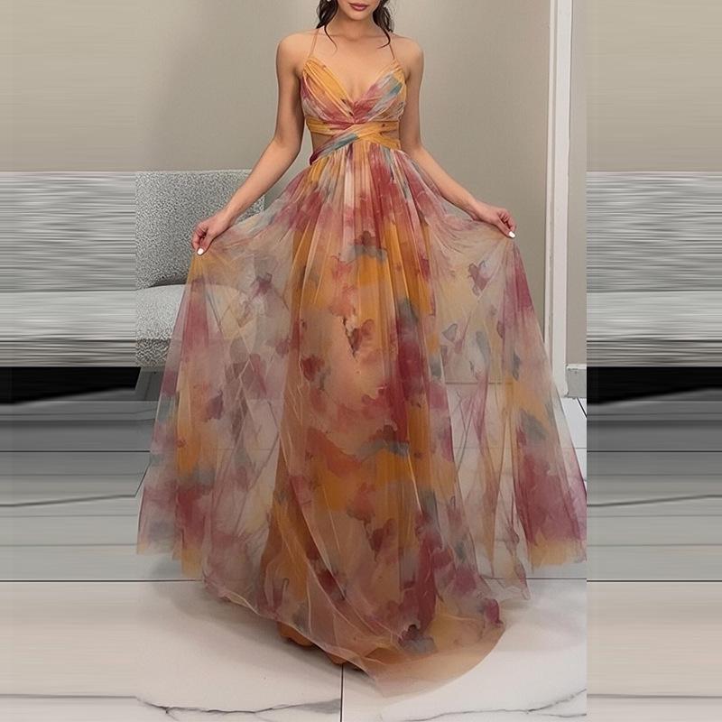 2026 Spring Women's Colorblock Print V-Neck Spaghetti Strap Long Dress