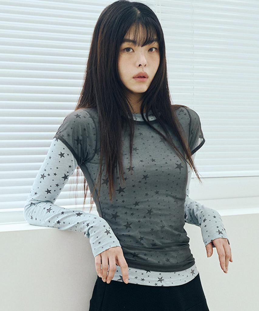 Mihebeu Star Layered Long Sleeve Set Sky Blue Gray