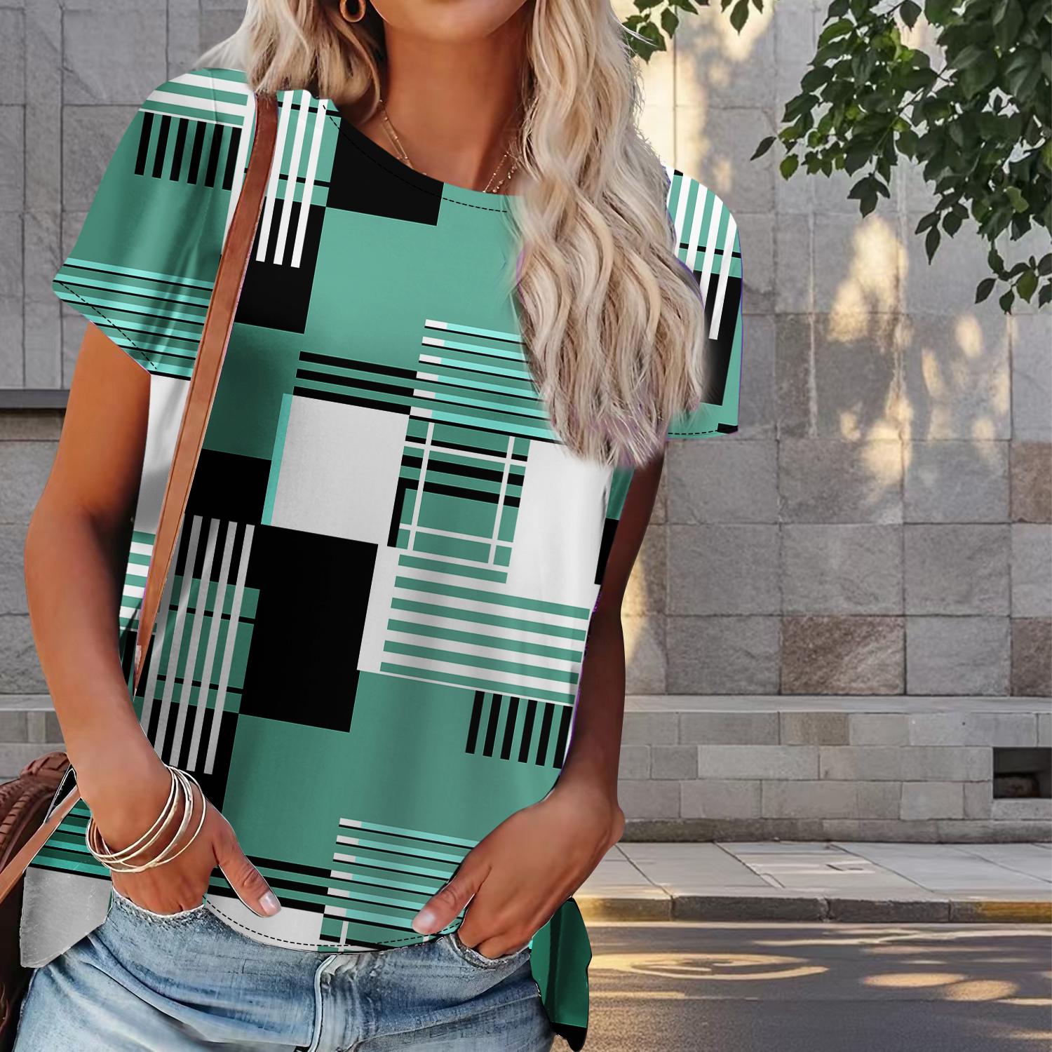 

Женская летняя футболка с геометрическим рисунком, ретро-мода, футболки с коротким рукавом, повседневные топы с принтом 3XL зелёный