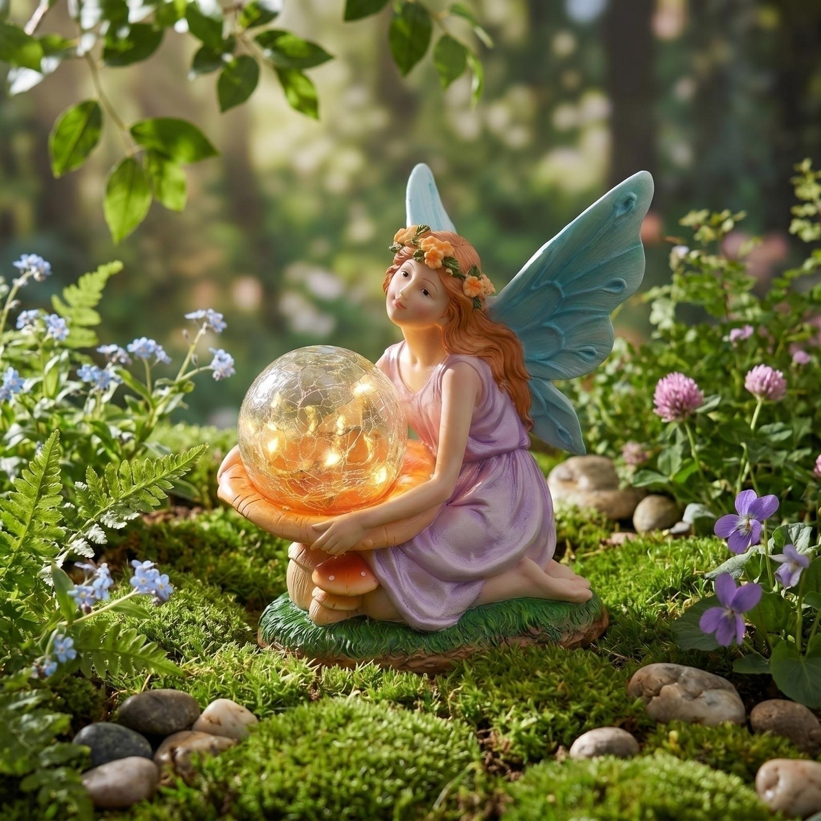 

Solar Powered Resin Fairy Figurine Sitting on Mushroom Decorative Miniature Garden Ornament with LED Light for Outdoor Indoor Display One Size