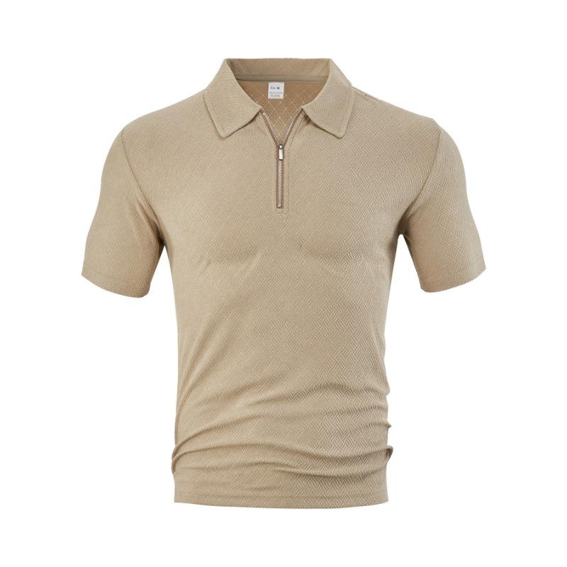 Men Short Sleeve Zip Polo Shirt Casual Jacquard T Shirt