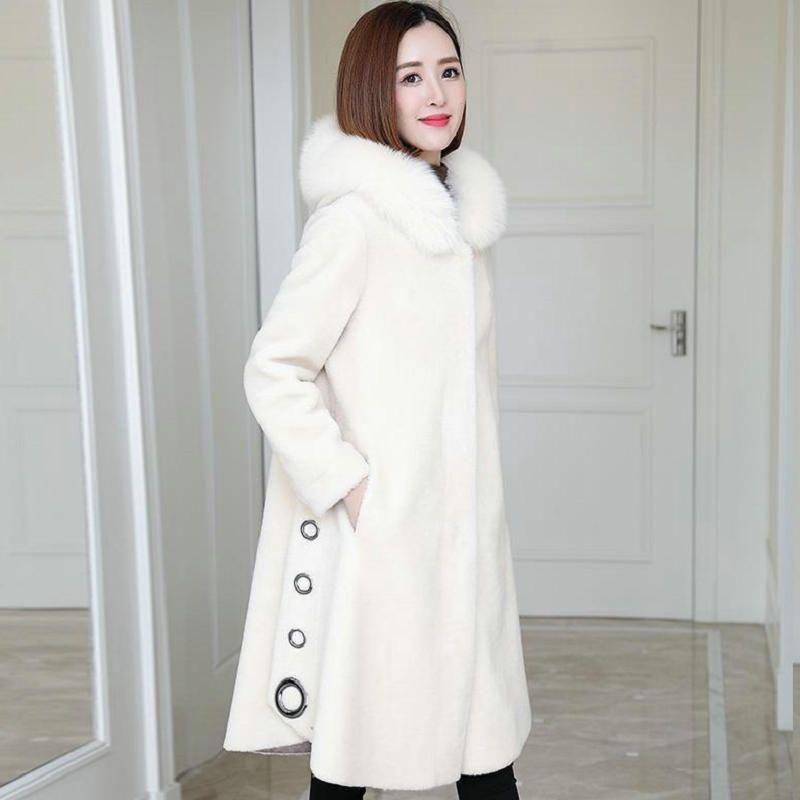 Granular Sheep Shearing Coat Women's Medium and Long Winter Imitation Fox Fur Hooded Integrated Imitation Fur Coat