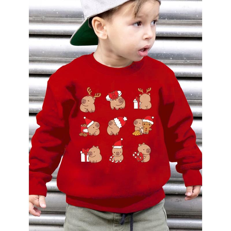 European sizes Kids' Stylish Fleece Round-Neck Sweatshirt Featuring Reindeer, Christmas Hats Cartoon Pattern, Loose-Fit Casual Long-Sleeve Pullover