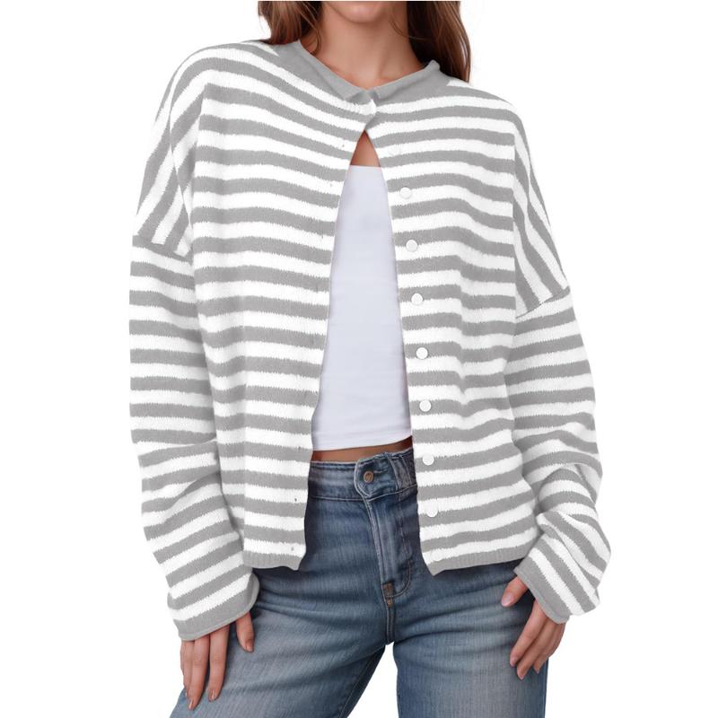New Autumn Winter Women's Striped Contrast Sweater Long-sleeved Casual Cardigan