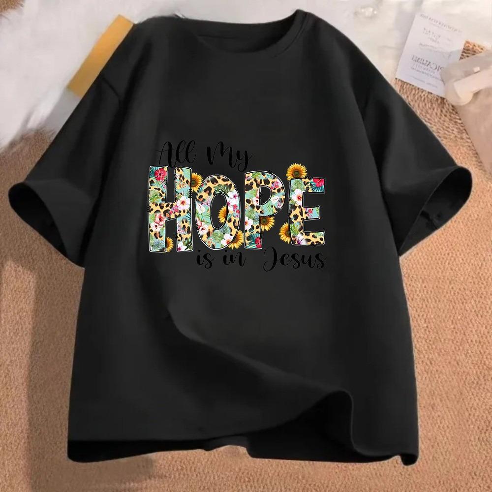 Western Christian Faith Oversized T-Shirt with Floral Leopard Turquoise Cross Print Hope in Jesus Tee S