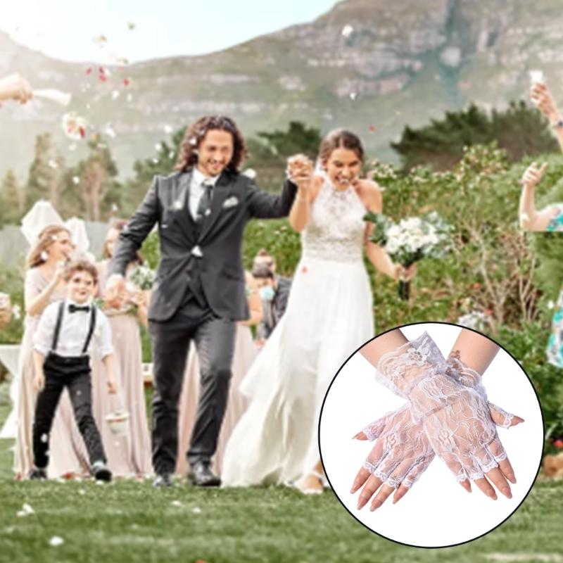 Breathable Half Finger Bridal Gloves with Lace Flower Pattern Wedding Ceremony Formal Occasion Handwear for Bride