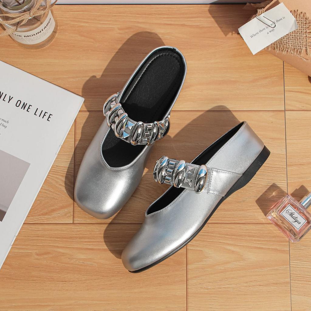 Summer new bag head cool slippers women wear high-end temperament square head women's shoes inner height increase silver Mary Jane shoes