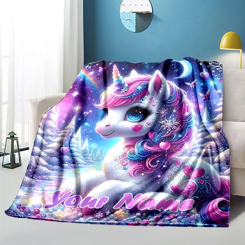 1PC Custom Name Magical Unicorn Fantasy flannel blanket versatile, all-season throw suitable for the living room, bedroom, camping, travel, and gift