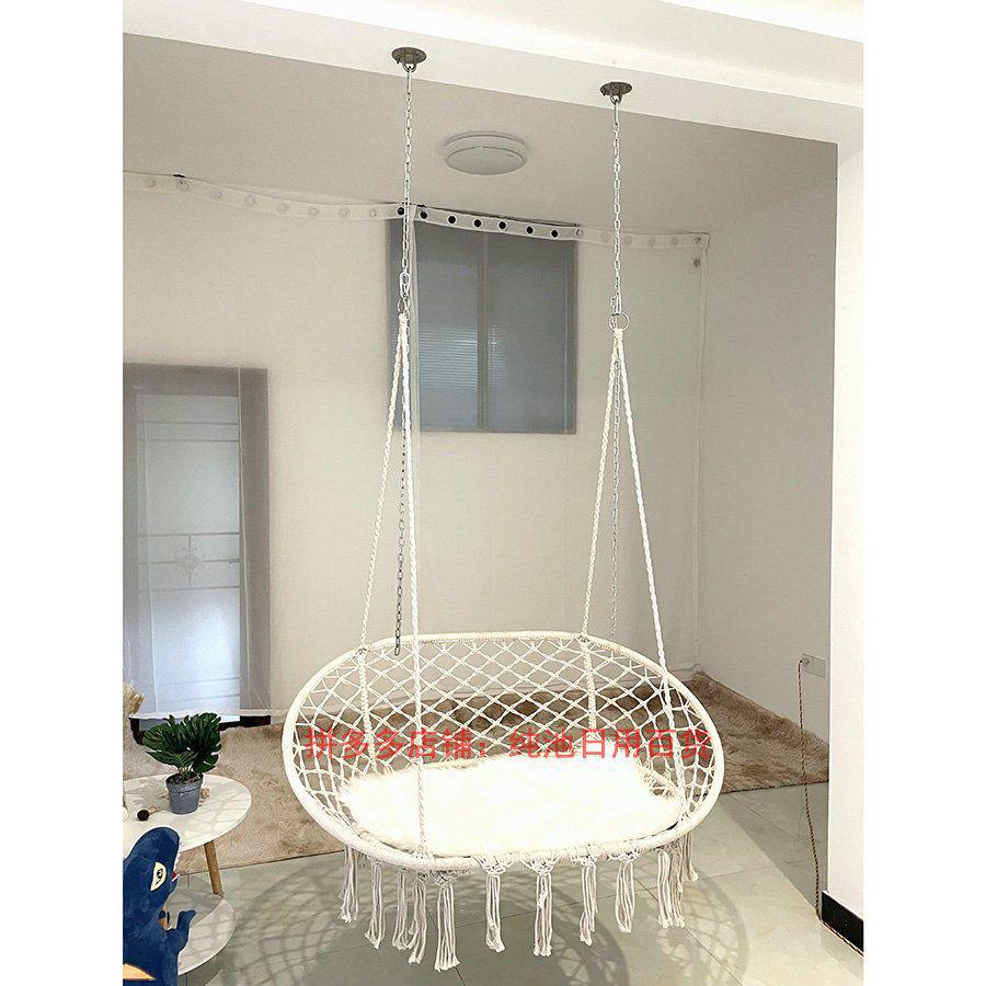 Nordic Indoor/Outdoor Double Hanging Chair Swing with Tassel Cradle - Cotton & Linen Hammock for Balcony, Homestay, or Internet Celebrity Use