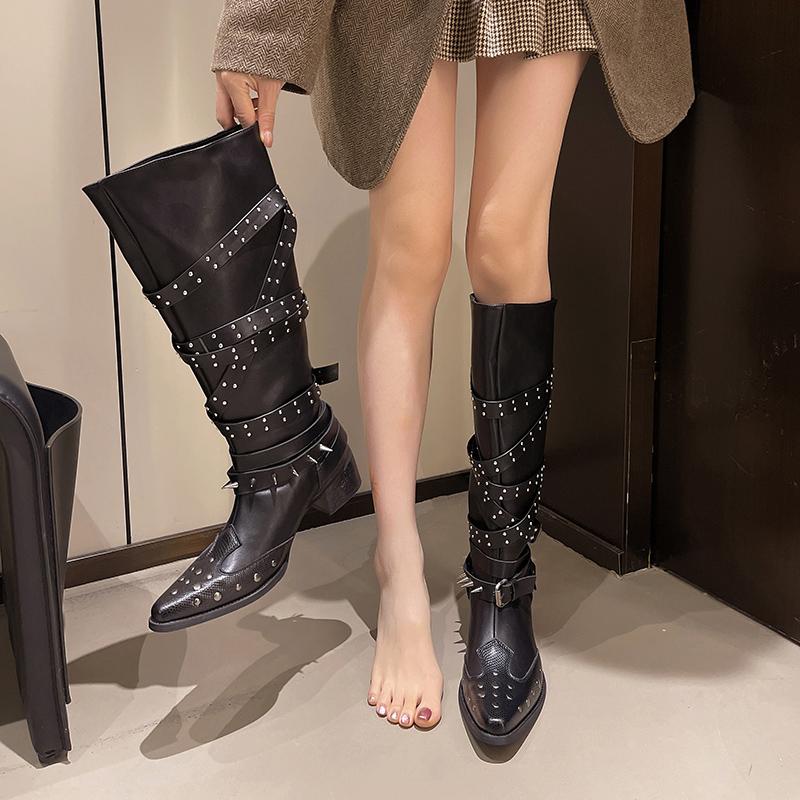 New Style Fashion Women's Designer Vintage Rivet Women Western Cowgirl Boots Autumn Winter Ladies Elegant Knight Long Boots