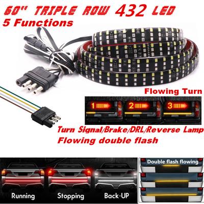 60" Triple Row LED Tailgate Light Bar with Amber Turn Signal/Double Flash, Red Brake/Running, White Reverse Lights - Weatherproof