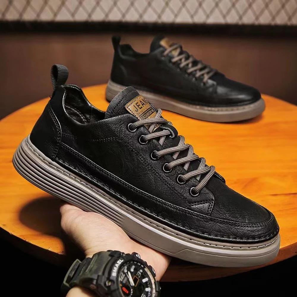 Men's Loafers Black Fashion Casual Leather Shoes Mens Walking Lace Up Comfortable Flat Sneakers Work Shoes
