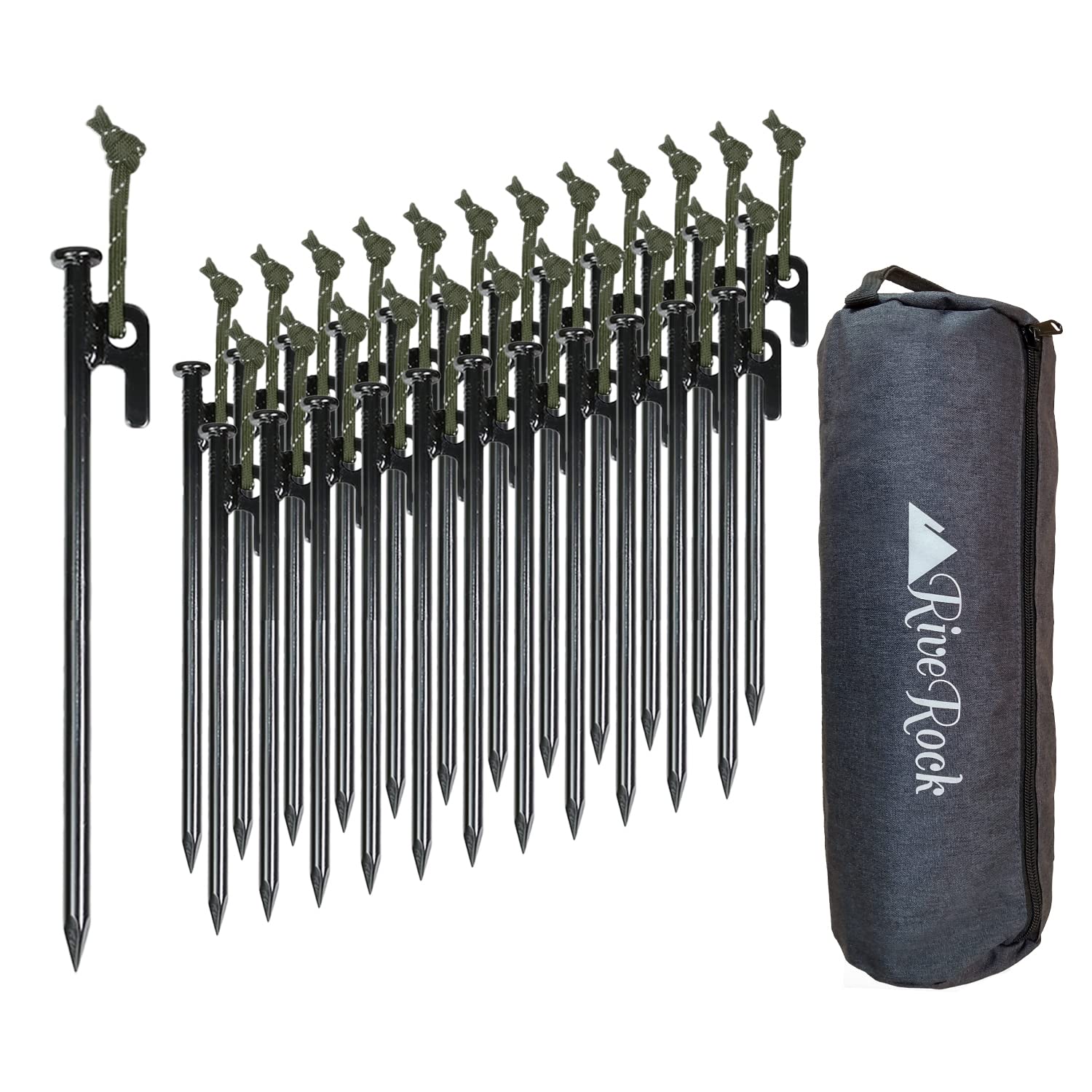 

RiveRock 20cm Peg Storage Back Tent Tarp Steel Pegs Reflective Rope (20cm 24 PiecesStorage BagGreen)