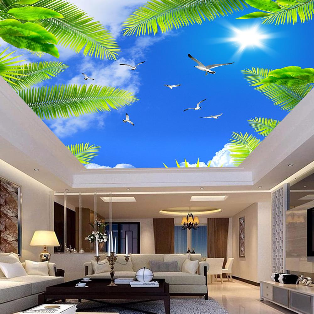 Blue Sky Ceiling Wallpaper White Clouds Coconut Trees Seagull Mural Bedroom Living Room Murals For Ceilings