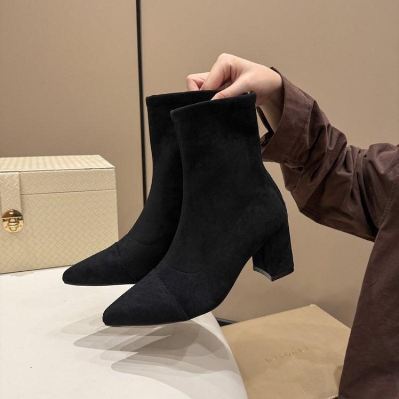 Short Boots Women's High Heels Autumn and Winter New Suede Rear Zipper French Easy To Wear Small Ankle Boots Thick Heel Elastic Square Head Thin Boots