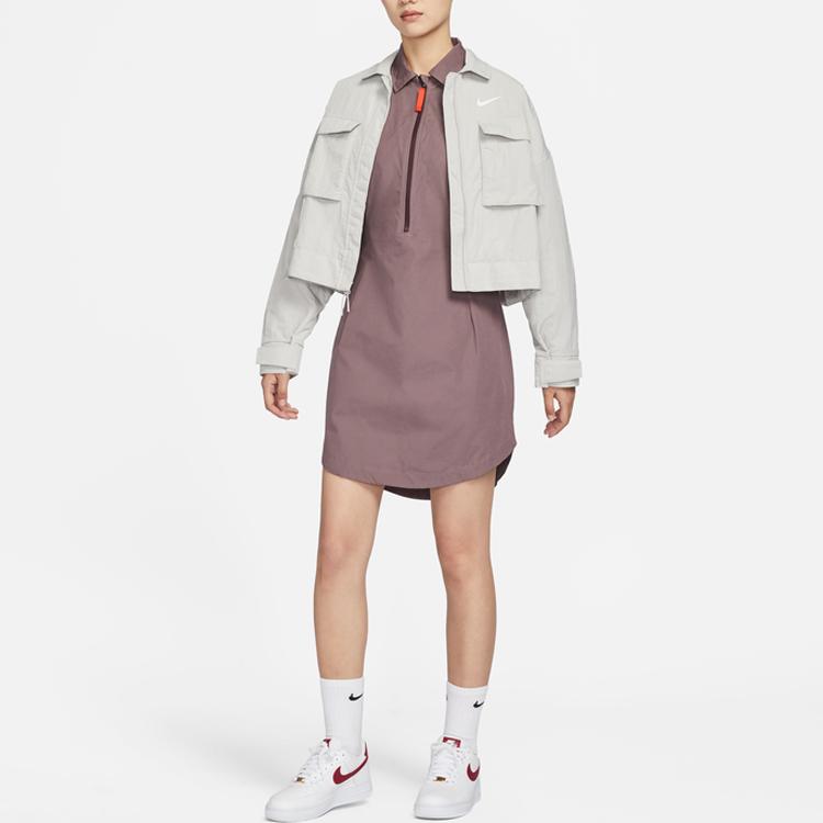Nike Solid Color Logo Zip Collar Long Sleeve Dress Women Dresses Eclipse-Purple Red DV8031-291