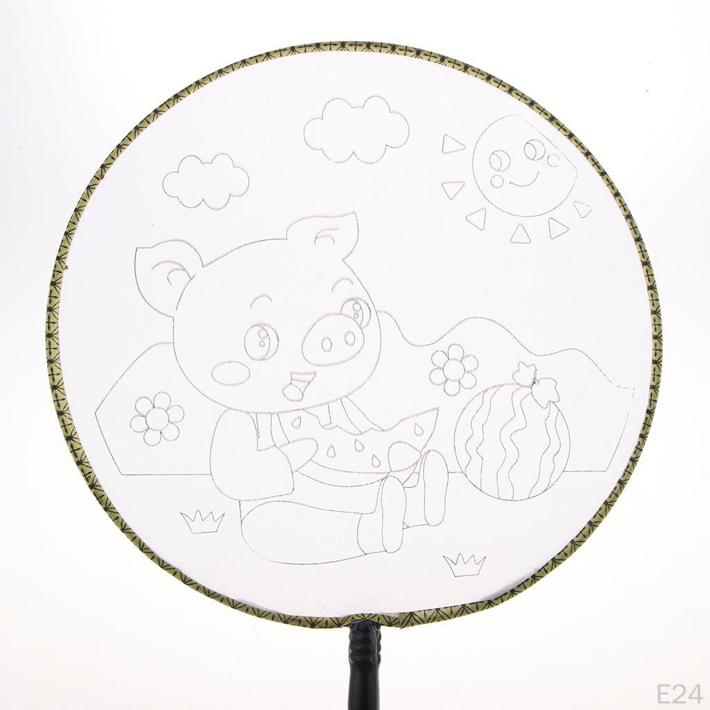 1 piece Ancient Handheld Fan Round Paddle Mandarin Handle with Fabric, Blank Patterns
