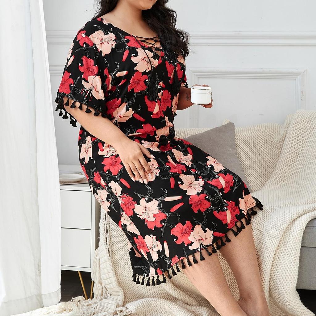 European and American large-size pajamas for women's summer enlarged and loose 50kg fat mm short-sleeved pajamas.