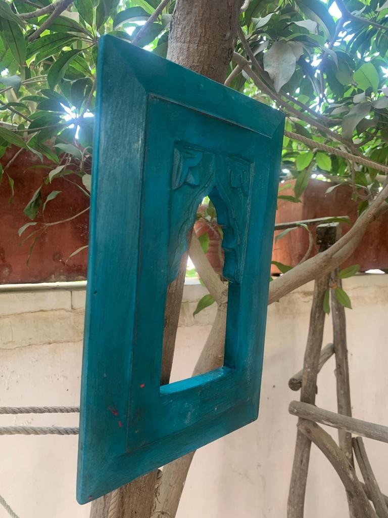 Blue Painted Wood Frame: Indian Jharokha Style Wall Decor
