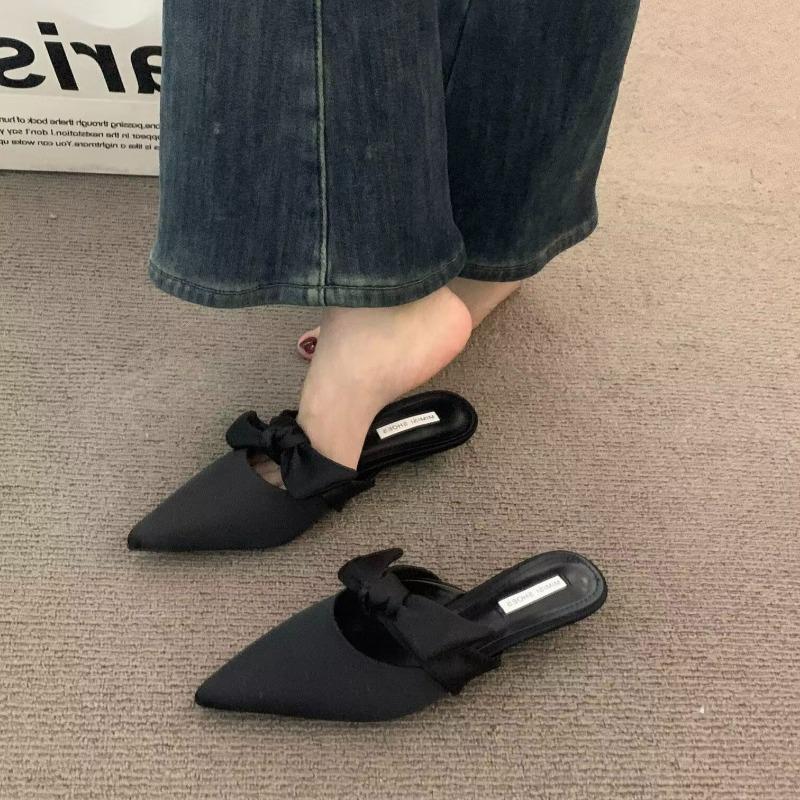 Low Heel Slippers Spring New Pointed Head Shallow Mouth Cow Suede Butterfly Knot Set Foot Anti-slip Wear-resistant Sandals