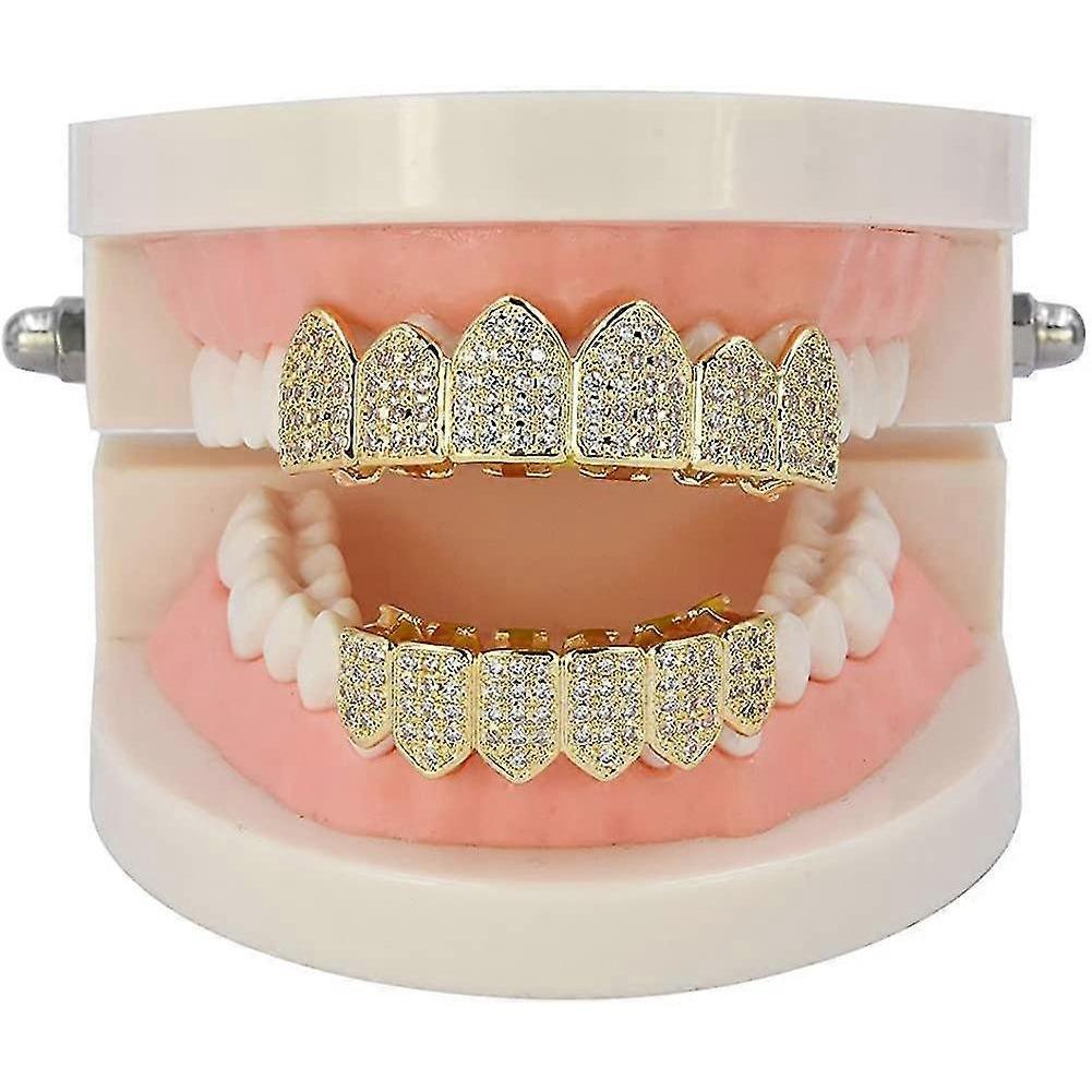 18k Gold Plated Macro Pave Cz Iced-Out Grillz With Extra Molding Bars Included