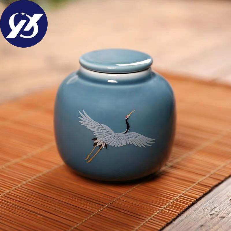 Přenosný ručně malovaný jeřábový čaj Caddy Keramický kanystr Utěsněná nádoba na kořenky Balící krabice