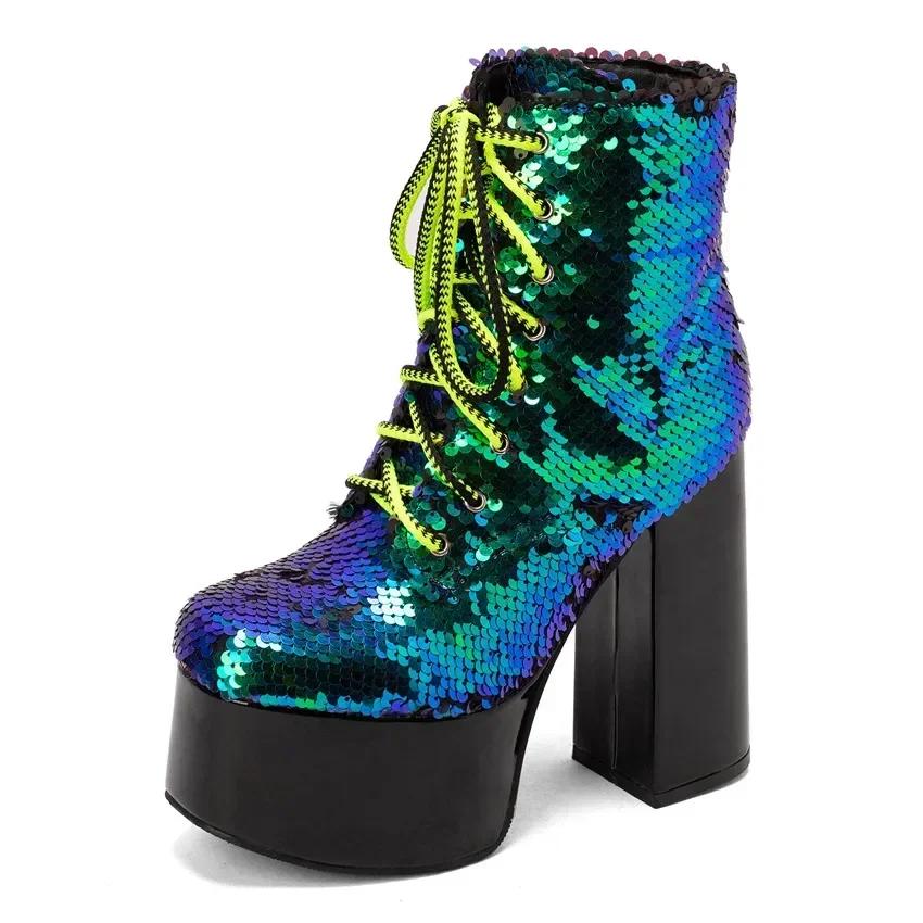 Gold Glittering Sequined Cloth Platform Ankle Boots Women High Heel Square Toe Winter Ladies Christmas Lace-up Green Short Boots