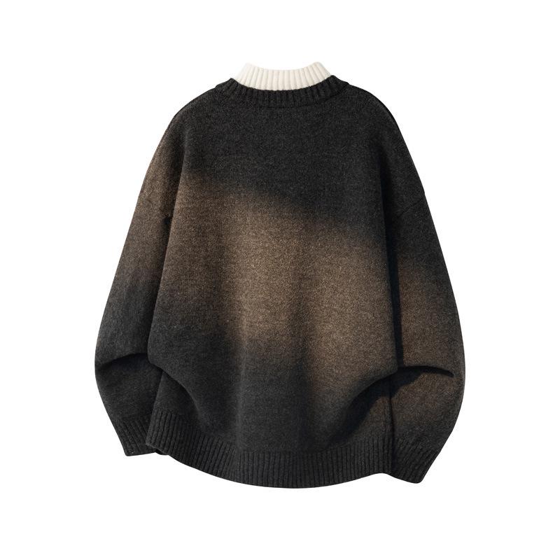 Men's Gray Korean-Style V-Neck Knitwear: Light Luxury, Fake Two-Piece Buttoned High Neck Long Sleeve Sweater Pullover.