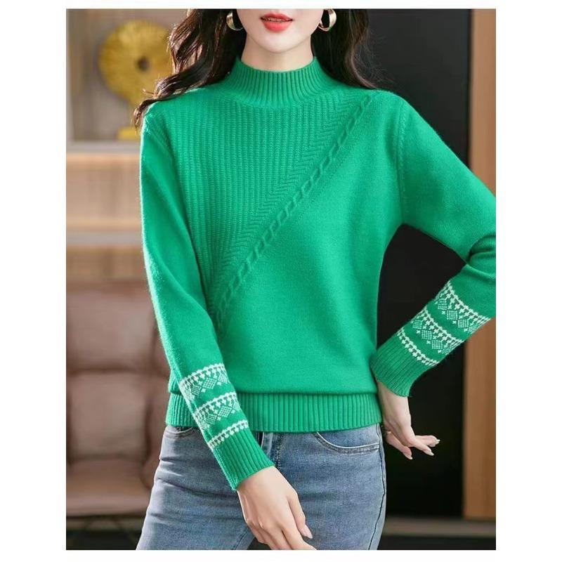 Winter New Semi-turtleneck Pullover Lazy Temperament Fashion Jacquard Loose Knitted Bottoming Sweater Women