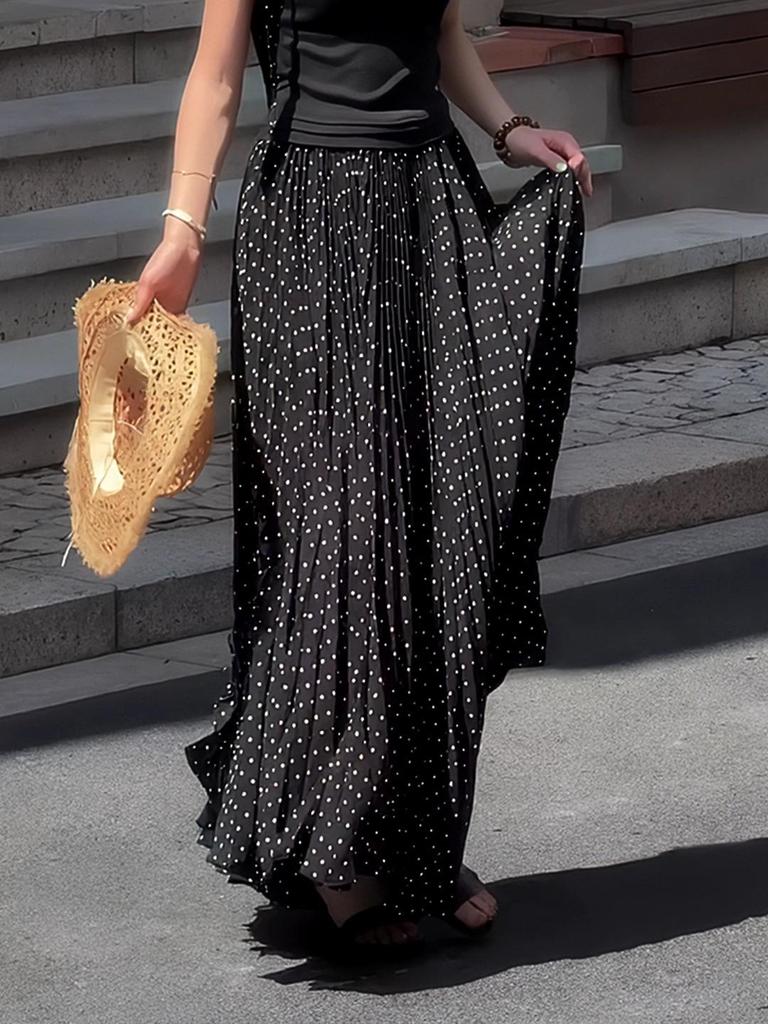 French Polka Dot High Waist Beach Dress - Black