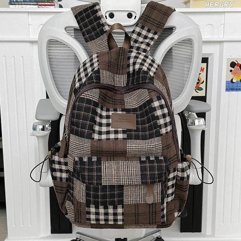 Sac à dos à carreaux rétro pour femme Sac d'école pour étudiant
