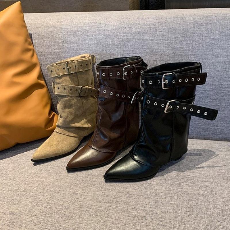 New American Spice Girl Rivet Pant Leg Height Increase Pointed Short Boots Autumn and Winter New Western Cowboy Boots Black