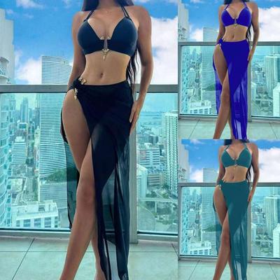 New European and American Three-piece Swimsuit, Solid Color Metal Buckle Long Yarn Women's Split Bikini Swimsuit