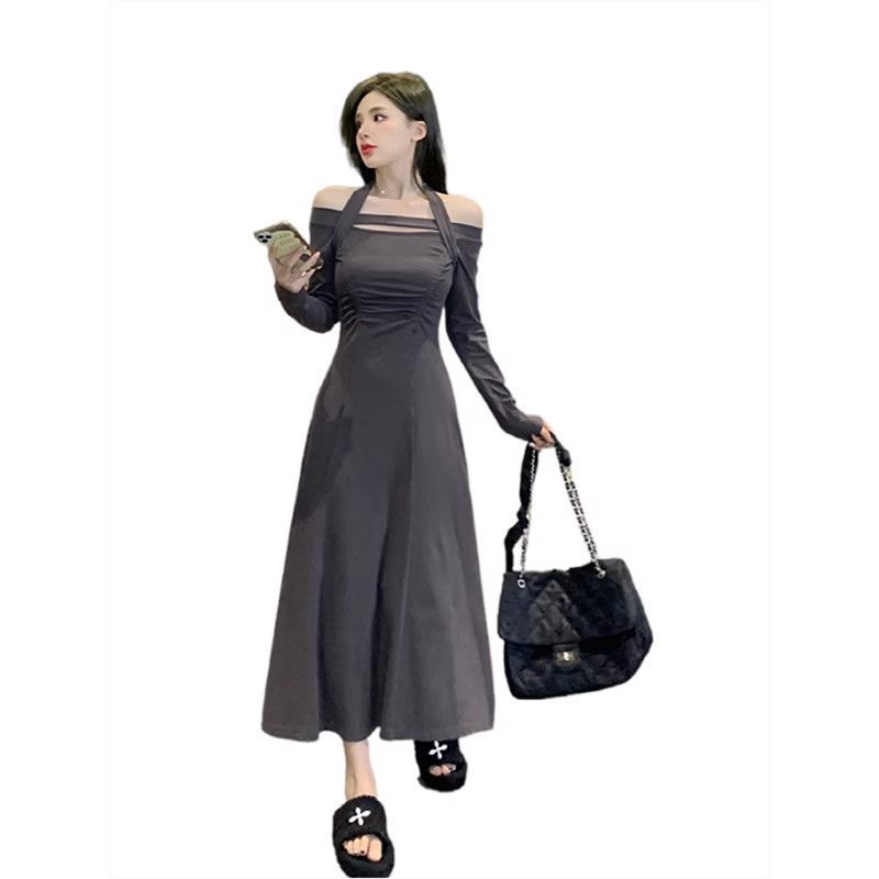 Sexy Spice Girl Neck Shoulder Long Sleeve Dress Women's Spring New Slim Fit Stack Wear Inside Hip Wrap Long Skirt