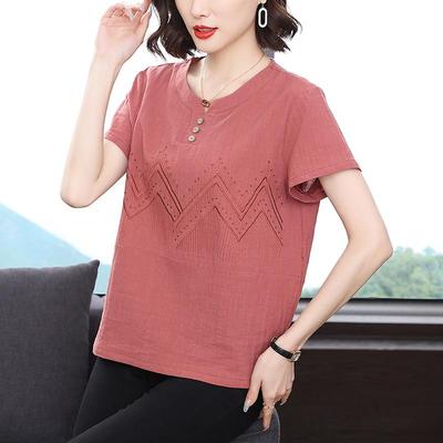 Women's Summer 2023 Solid Color V-Neck Short-Sleeve T-Shirt for Fashionable Middle-Aged Moms