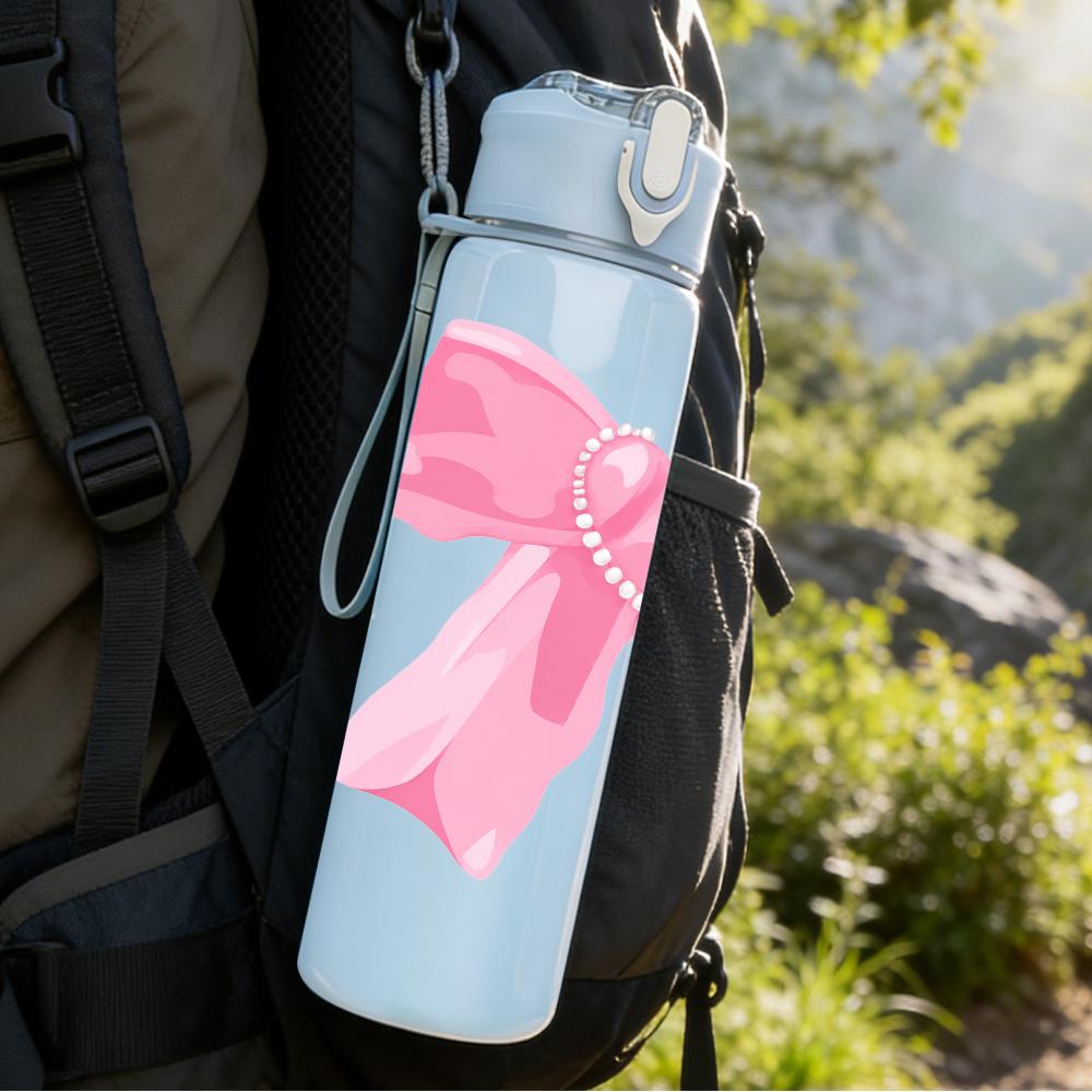 1PC Simple Large Pink Bow 750ml Color Plastic Sports Water Bottle Leakproof Flip Straw Lid Suitable for Sports Office Home Use