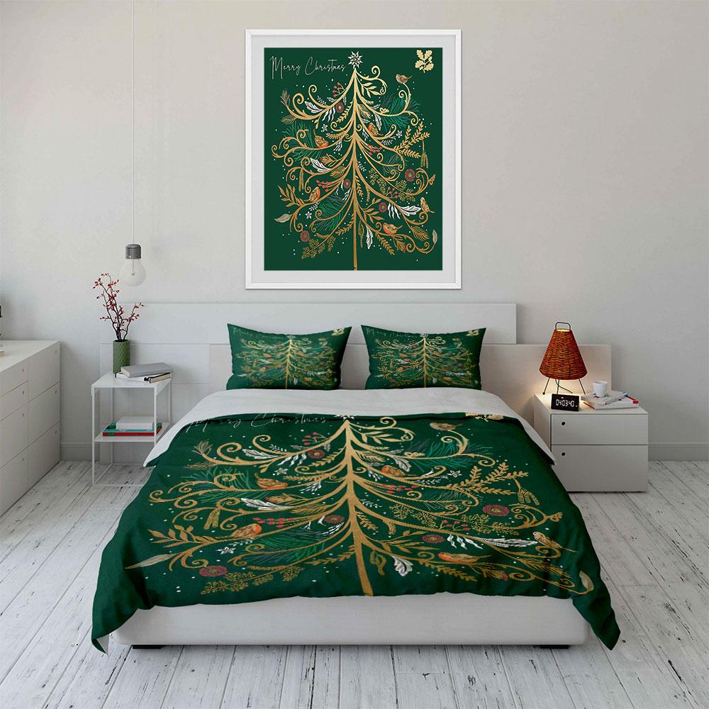Golden Christmas Tree Pattern Bedding Duvet Cover Set Duvet Cover Pillowcases  (1*Duvet Cover 2*Pillowcases, without duvet insert)