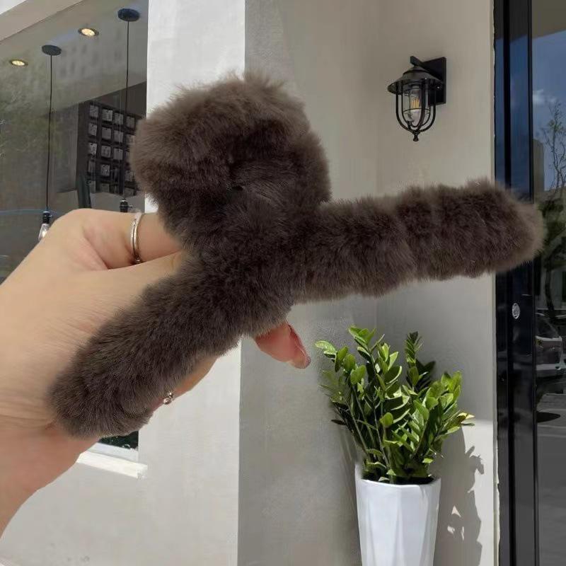 Korean Fluffy Faux Rabbit Fur Hair Clip – Large, Warm, Shark Clip for Women
