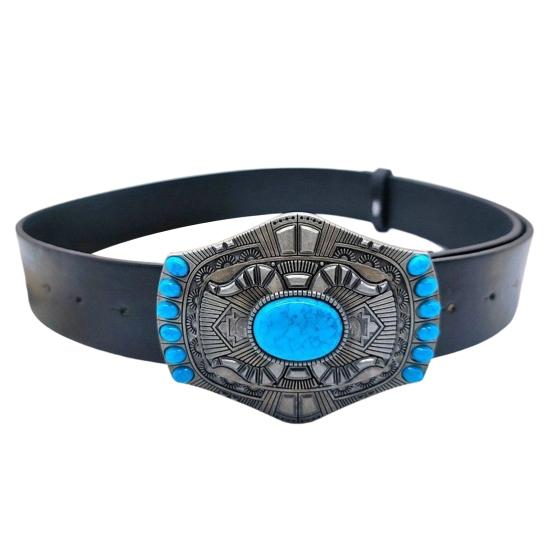 Retro Western Turquoise Belt with Distressed Silver Color Carved Buttons Natural Blue Turquoise Rodeo Style Cowboy Cowgirl Waistband