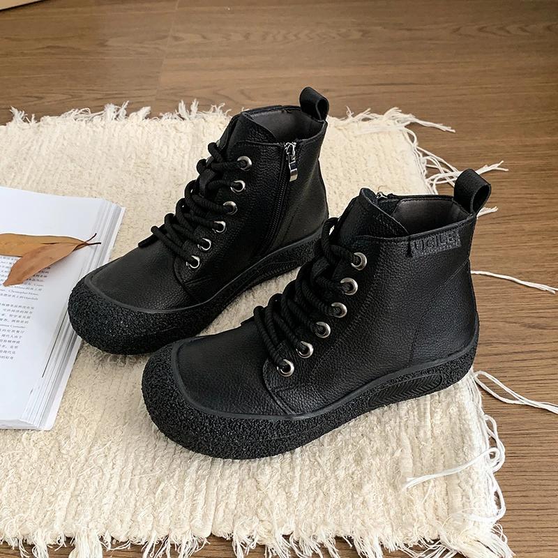 New Leather Ankle Boots Women's Laced Up Waterproof Shoes Ladies Wide Fit Short Boots Woman Oxfors Shoes Brown Booties