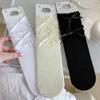 Cotton Girls Socks, Spring Thin Style In Tube Socks 3-Layer Lace Bowknot Charm Stackable for Kids 3-13T