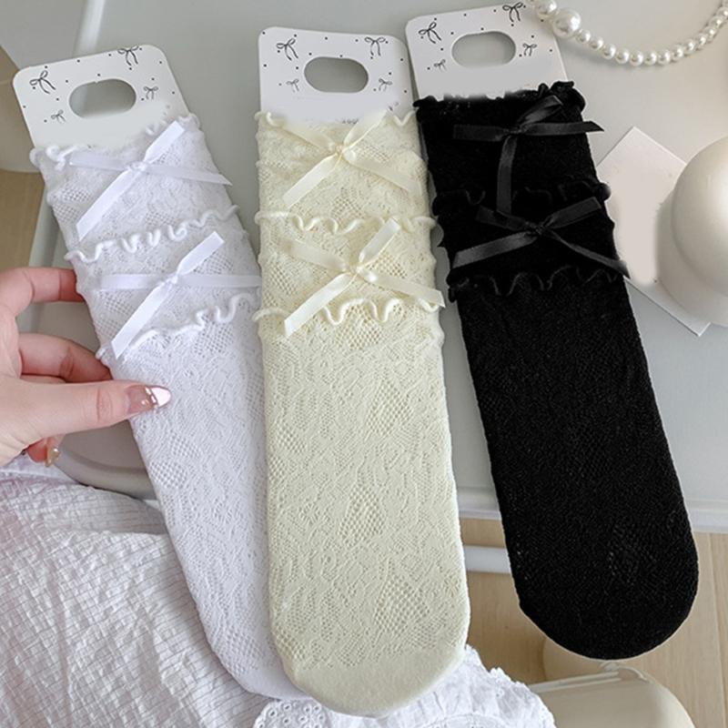 Cotton Girls Socks, Spring Thin Style In Tube Socks 3-Layer Lace Bowknot Charm Stackable for Kids 3-13T