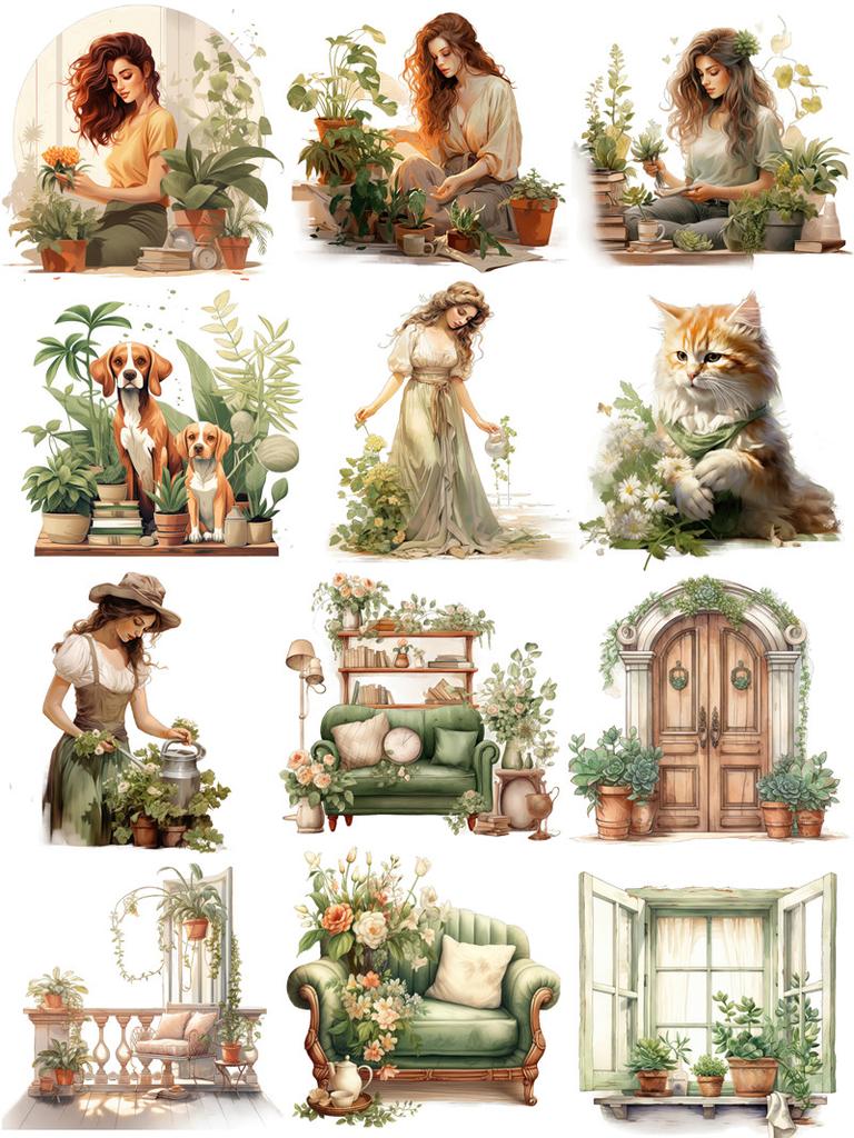 12Pcs/Pack Green Courtyard Sticker DIY Craft Scrapbooking Album Junk Journal Decorative Stickers