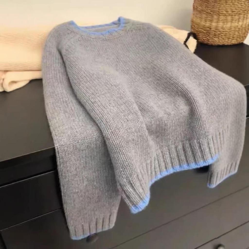 Women's Color Block Wool Sweater - Thick, Soft, Loose Fit, Fall/Winter 2025, Round Neck Knit