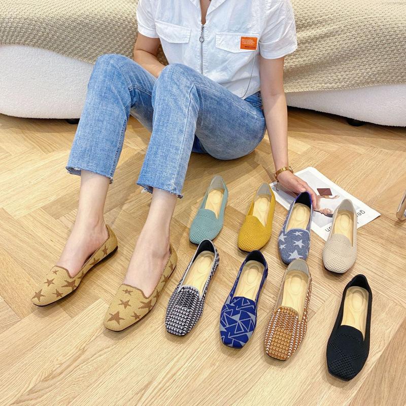 New square head woven geometric pattern soft sole shallow mouth knitted shoes flying knitted Doudou shoes