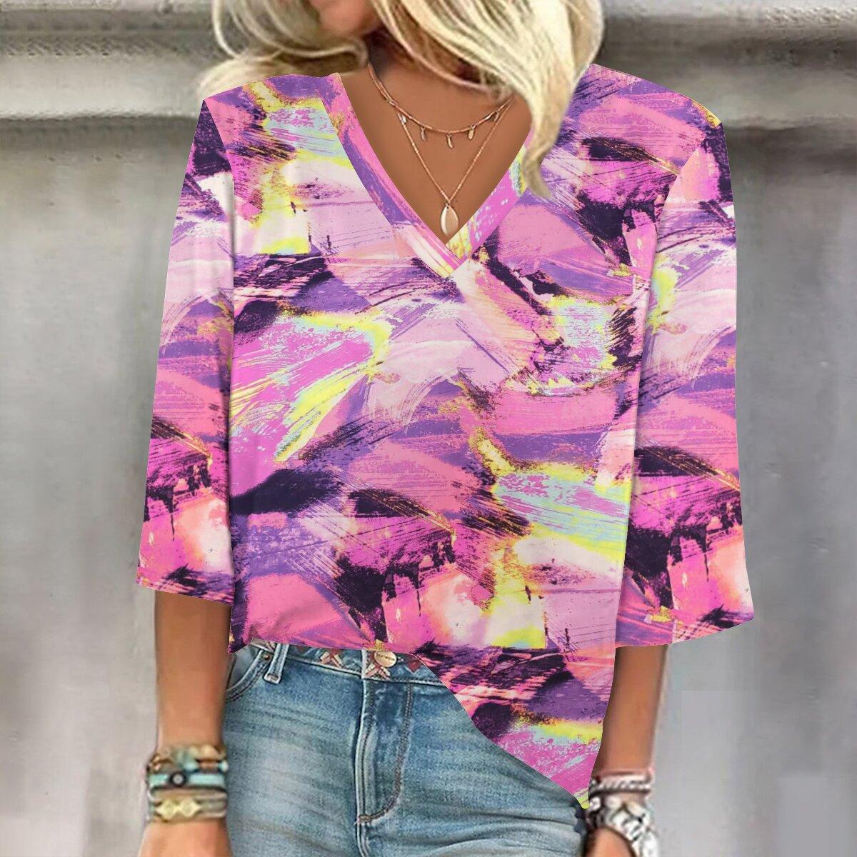 

2023 Sping и осень Новая мода Женский повседневный топ с V-образным вырезом с рукавом 3/4 с принтом