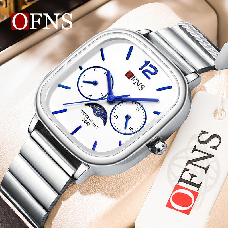 Fashion Ofns Brand Quartz Waterproof Light Luxury Five-hand Disc Five-pin Minimalist Square Moon Phase Men's Steel Watches